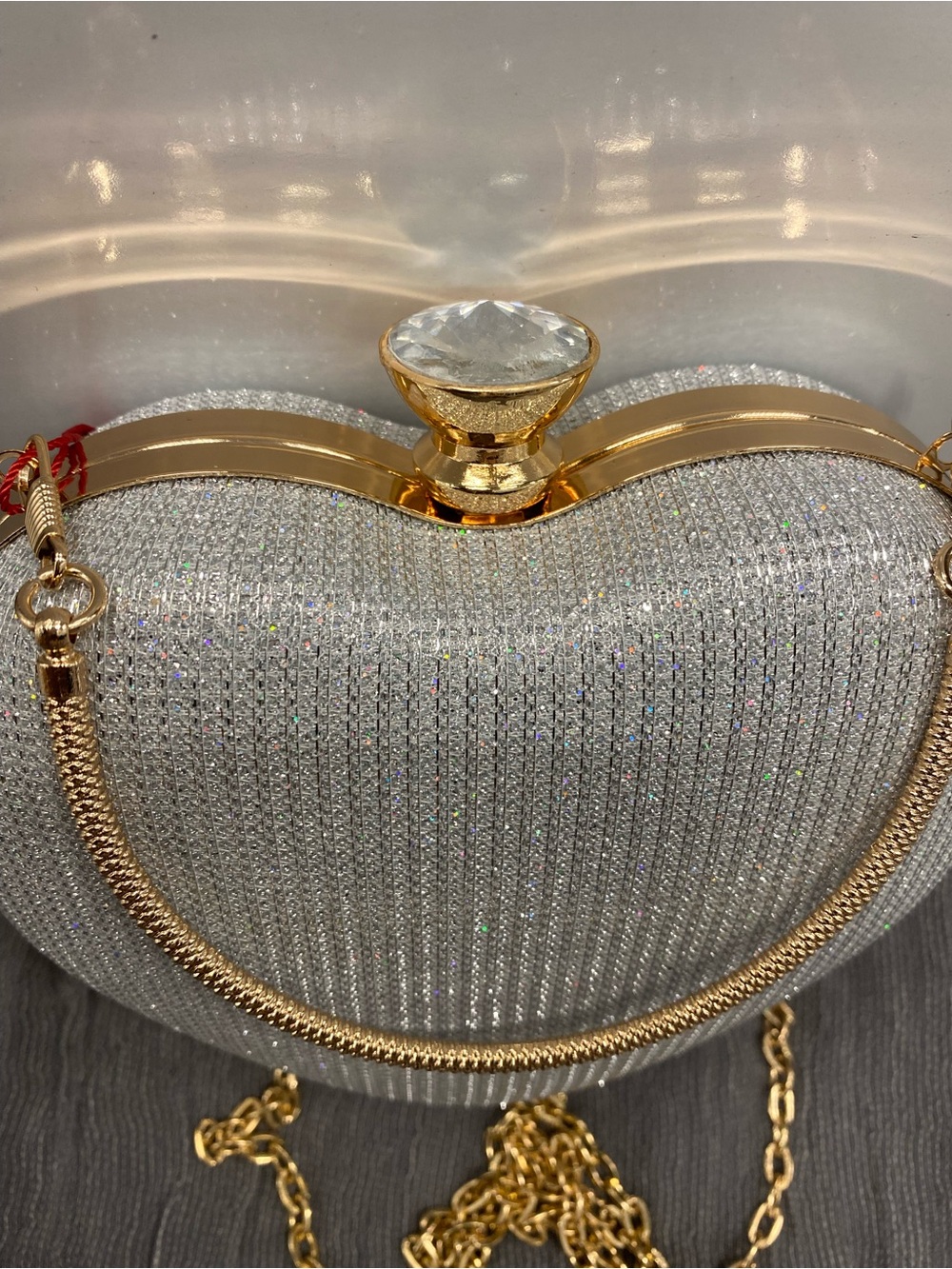 Gold-Trim Silver Glitter Heart Clutch Bag